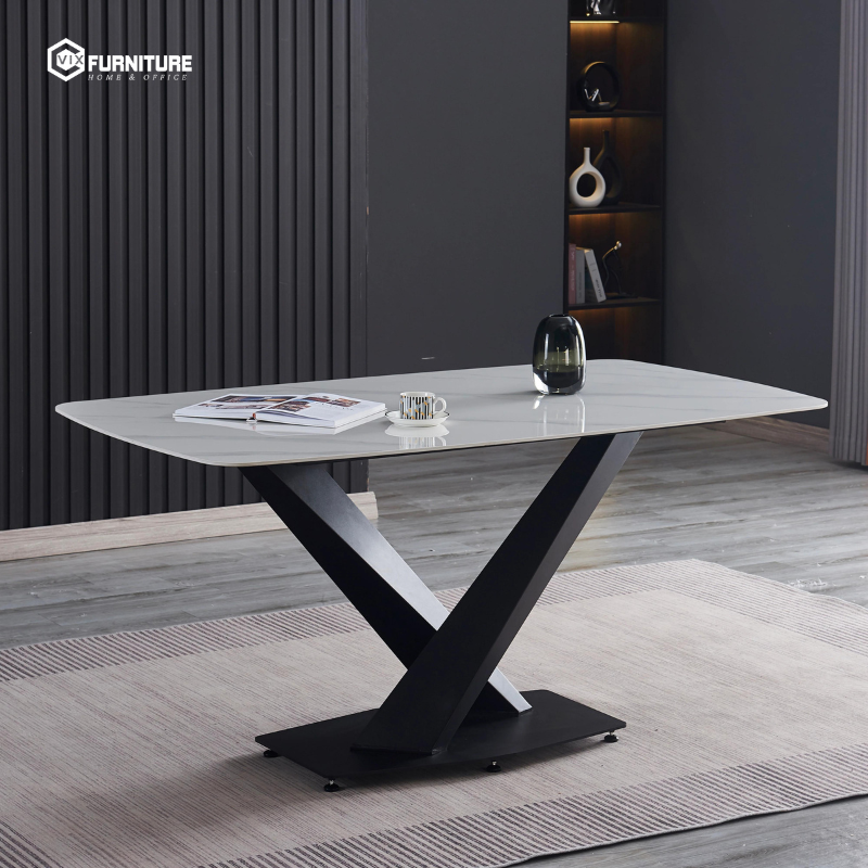 Dining Table with Stone Top and Powder-Coated Steel Legs VFBA205